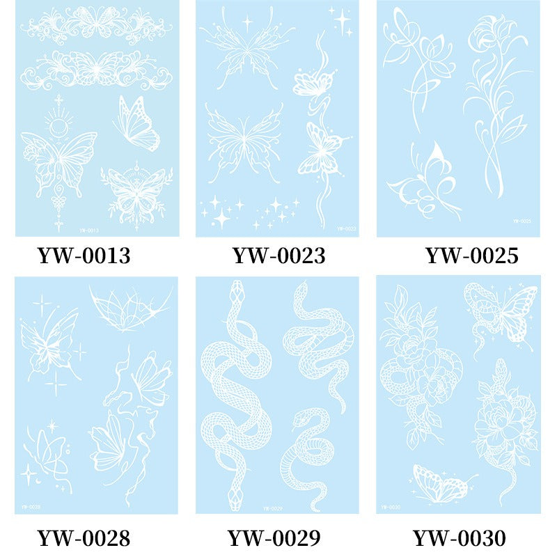 Set of six blue sheets with white butterfly designs and labels.